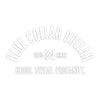 Large sized "BLUE COLLAR DOLLAR. Blood. Sweat. Profanity." curved-design—White transfer decal sticker on white background with drop shadow to show edges of white on white.