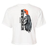 Back of a We Workin Women's short-sleeve cropped tee in white—with a large imprint of our "WEWORKIN BRAND vertical text and Half Skull Woman with Hat" design in Black/White/Grey (hat graphic highlighted in Bright Orange ink.)