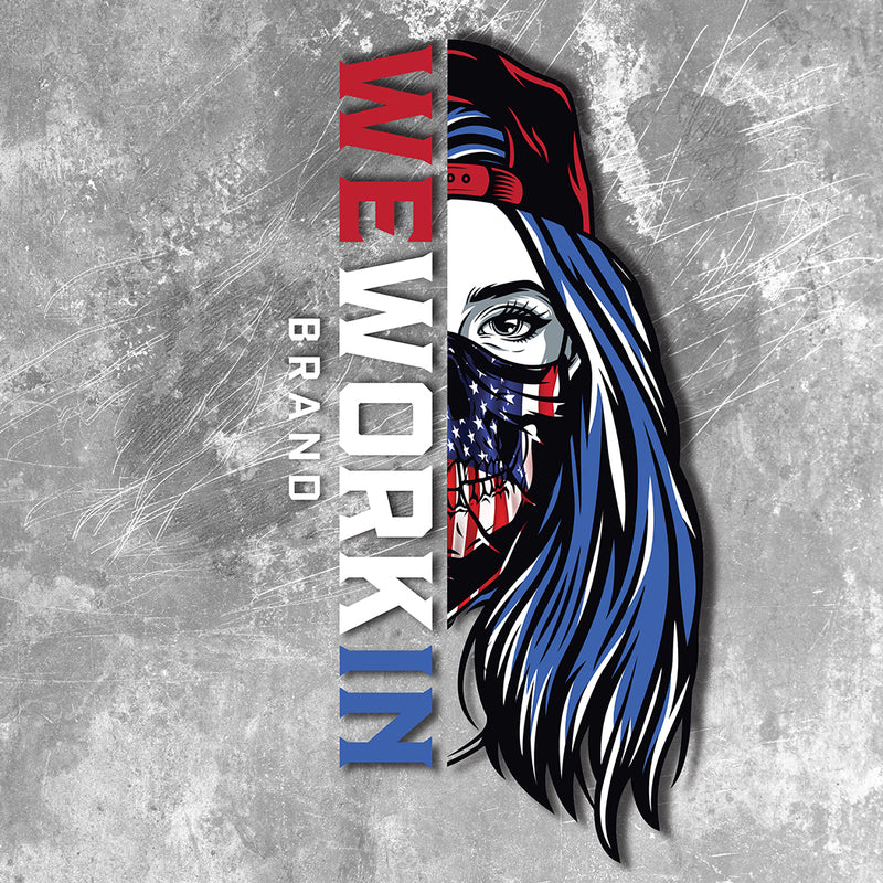 WEWORKIN BRAND red, white and blue patriotic Women's SKULL Decal—Custom die-cut Direct Transfer window sticker on scratched metal background.