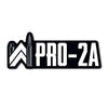 PRO-2A die-cut sticker, on a white background. Our WW icon is re-created with bullets (grey color) as the left and right vertical elements and the rest of the icon and text "PRO-2A" are white on a black background. (Sticker measures approximately 4.5"W x 1.6"H)