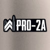 PRO-2A die-cut sticker, placed on a steel texture background. Our WW icon is re-created with bullets (grey color) as the left and right vertical elements and the rest of the icon and text "PRO-2A" are white on a black background. (Sticker measures approximately 4.5"W x 1.6"H)