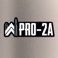 PRO-2A die-cut sticker, placed on a steel texture background. Our WW icon is re-created with bullets (grey color) as the left and right vertical elements and the rest of the icon and text "PRO-2A" are white on a black background. (Sticker measures approximately 4.5"W x 1.6"H)