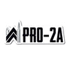 PRO-2A die-cut sticker on a white background. Our WW icon is re-created with bullets (grey color) as the left and right vertical elements and the rest of the icon and text "PRO-2A" are black on a white background. (Sticker measures approximately 4.5"W x 1.6"H)