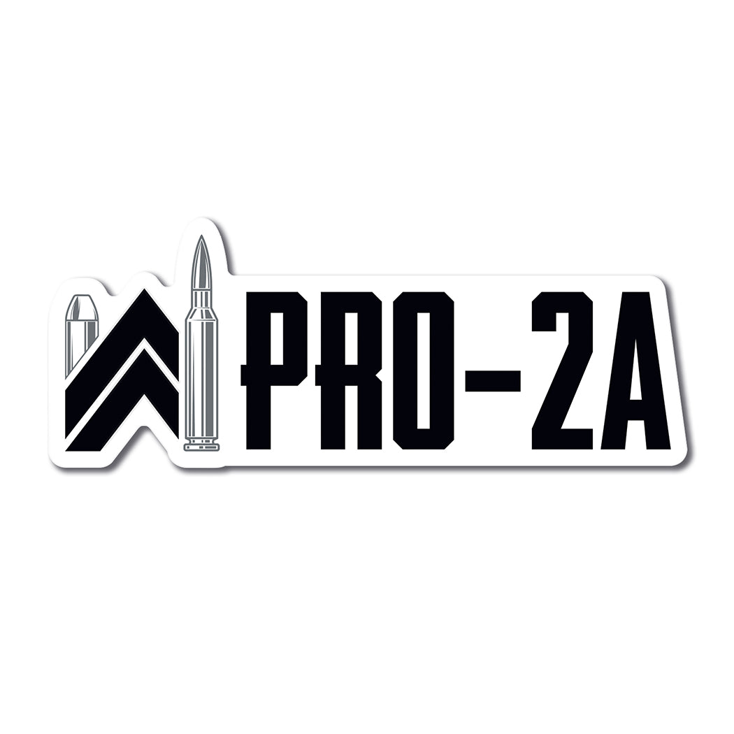 PRO-2A die-cut sticker on a white background. Our WW icon is re-created with bullets (grey color) as the left and right vertical elements and the rest of the icon and text "PRO-2A" are black on a white background. (Sticker measures approximately 4.5"W x 1.6"H)