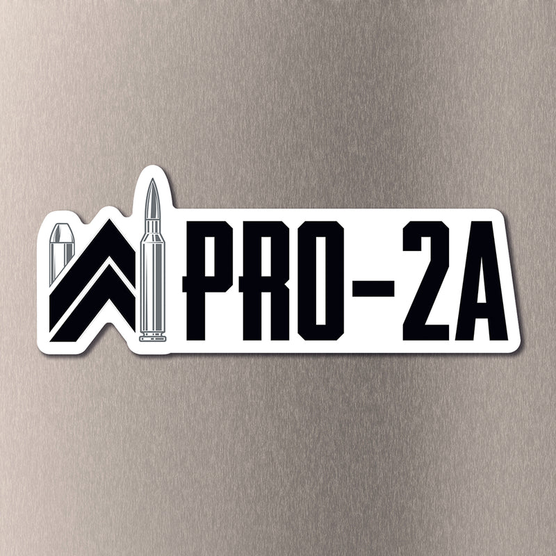 PRO-2A die-cut sticker on a steel texture background. Our WW icon is re-created with bullets (grey color) as the left and right vertical elements and the rest of the icon and text "PRO-2A" are black on a white background. (Sticker measures approximately 4.5"W x 1.6"H)
