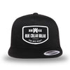 All black, high-profile, WeWorkin hat—snapback, 5-panel classic trucker, mesh sides/back style. WeWorkin "Blue Collar Dollar" curved-bottom woven patch is centered on the front panel.