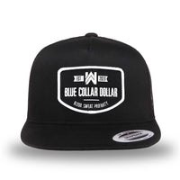 All black, high-profile, WeWorkin hat—snapback, 5-panel classic trucker, mesh sides/back style. WeWorkin "Blue Collar Dollar" curved-bottom woven patch is centered on the front panel.