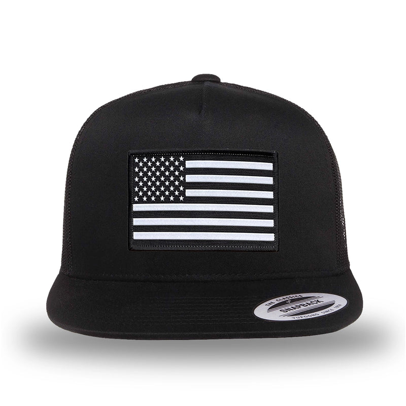 All black, high-profile, WeWorkin hat—snapback, 5-panel classic trucker, mesh sides/back style. WeWorkin "American Flag" rectangular patch is centered on the front panel.