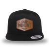 All black, high-profile, WeWorkin hat—snapback, 5-panel classic trucker, mesh sides/back style. WeWorkin "WW HUNT" etched leather patch with stitched border is centered on the front panel.