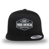 All black, high-profile, WeWorkin hat—snapback, 5-panel classic trucker, mesh sides/back style. WeWorkin "PROUD AMERICAN" silicone patch is centered on the front panel.