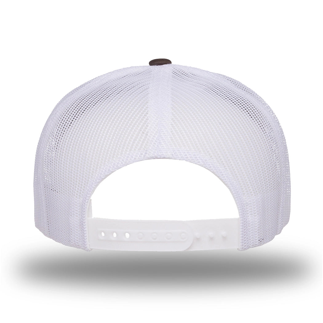 Back of a Brown/White two-tone WeWorkin hat—flatbill, snapback, 5-panel classic trucker, mesh-back style. On white background.