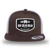 Brown/White two-tone WeWorkin hat—flatbill, snapback, 5-panel classic trucker, mesh-back style. WeWorkin "Blue Collar Dollar" curved-bottom woven patch is centered on the front panel.