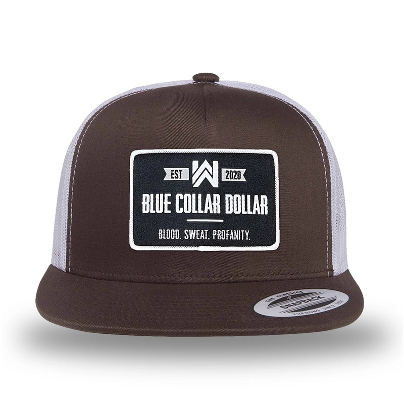 Brown/White two-tone WeWorkin hat—flatbill, snapback, 5-panel classic trucker, mesh-back style. WeWorkin "Blue Collar Dollar" rectangular woven patch is centered on the front panel.
