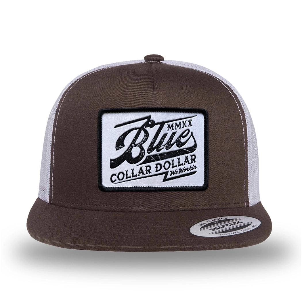 Brown/White two-tone WeWorkin hat—flatbill, snapback, 5-panel classic trucker, mesh-back style. We Workin "Blue Collar Dollar VINTAGE" (BCD-V) woven patch with black merrowed edge, on a white background with black distressed text/graphic, is centered on the front panel.