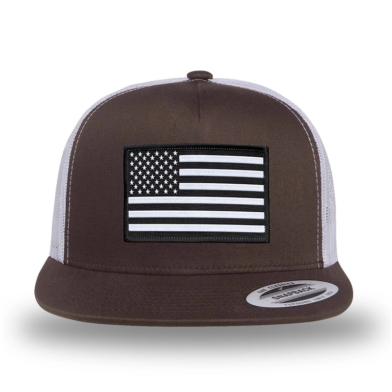 Brown/White two-tone WeWorkin hat—flatbill, snapback, 5-panel classic trucker, mesh-back style. WeWorkin "American Flag" rectangular patch is centered on the front panel.