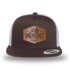 Brown/White two-tone WeWorkin hat—flatbill, snapback, 5-panel classic trucker, mesh-back style. WeWorkin "WW HUNT" etched leather patch with stitched border is centered on the front panel.