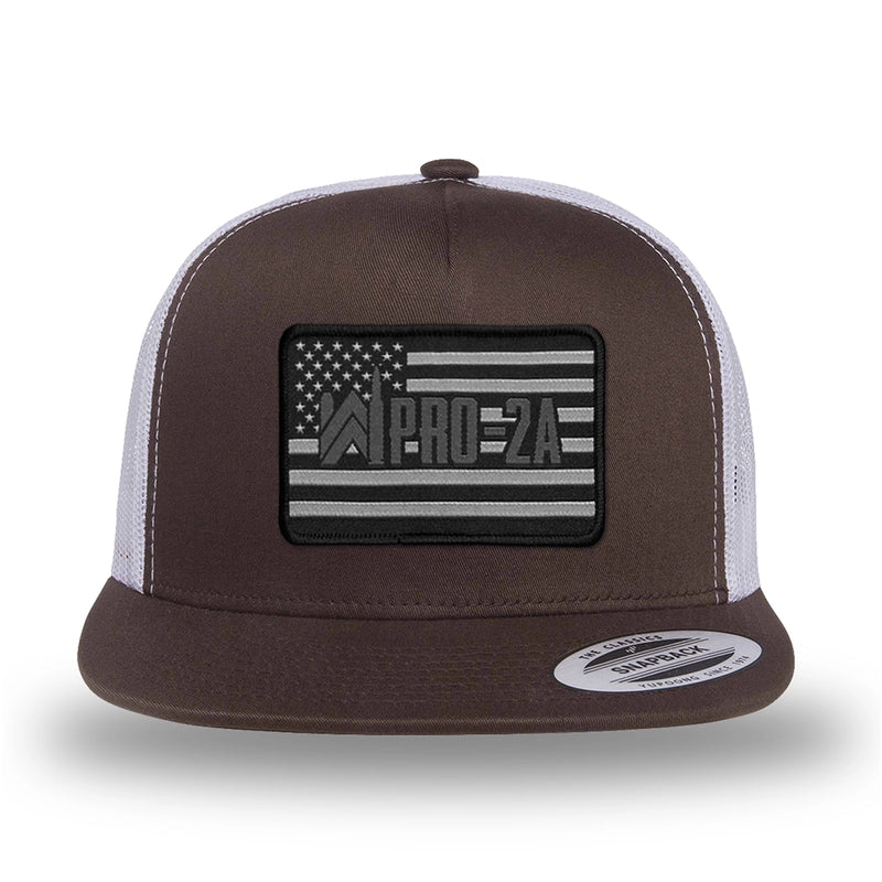 Brown/White two-tone WeWorkin hat—flatbill, snapback, 5-panel classic trucker, mesh-back style. PRO-2A woven patch with black merrowed edge is centered on the front panel.