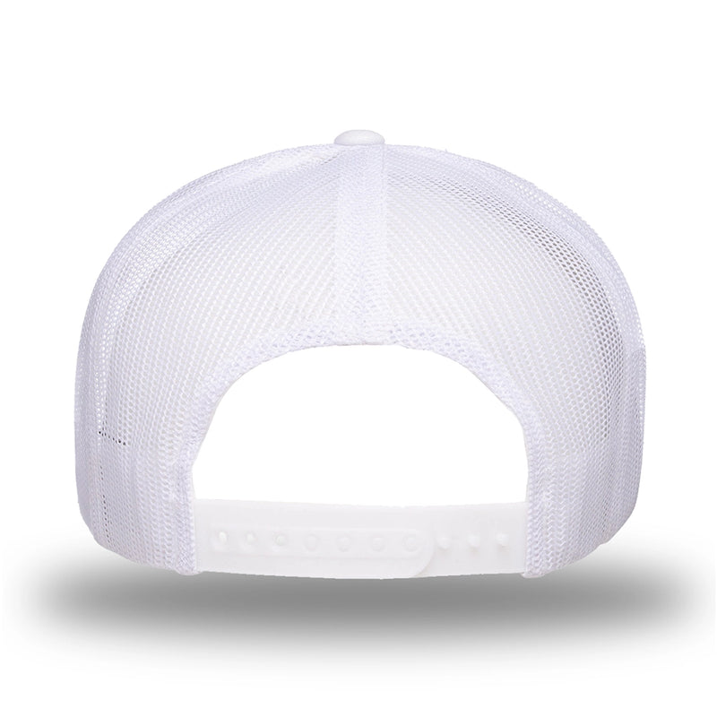 Back of an All White WeWorkin hat—snapback, 5-panel classic trucker, mesh-back style. On white background.