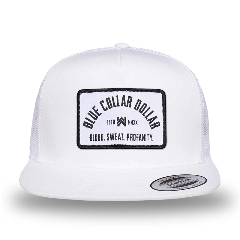 All white, high-profile, WeWorkin hat—snapback, 5-panel classic trucker, mesh sides/back style. We Workin "Blue Collar Dollar Arch" (BCD-ARCH) woven patch with black merrowed edge, on a white background with black text, is centered on the front panel.