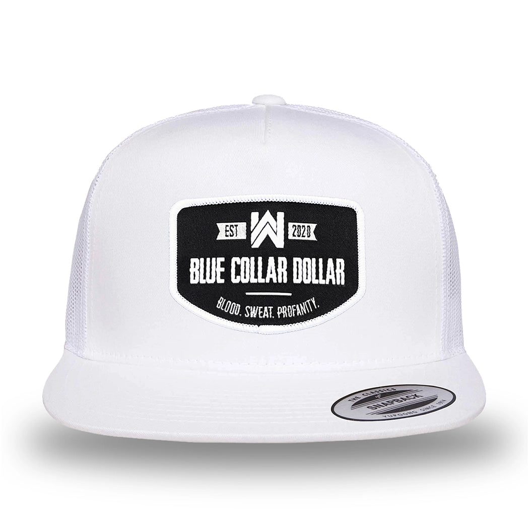 All white, high-profile, WeWorkin hat—snapback, 5-panel classic trucker, mesh sides/back style. WeWorkin "Blue Collar Dollar" curved-bottom woven patch is centered on the front panel.