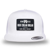 All white, high-profile, WeWorkin hat—snapback, 5-panel classic trucker, mesh sides/back style. WeWorkin "Blue Collar Dollar" rectangular woven patch is centered on the front panel.