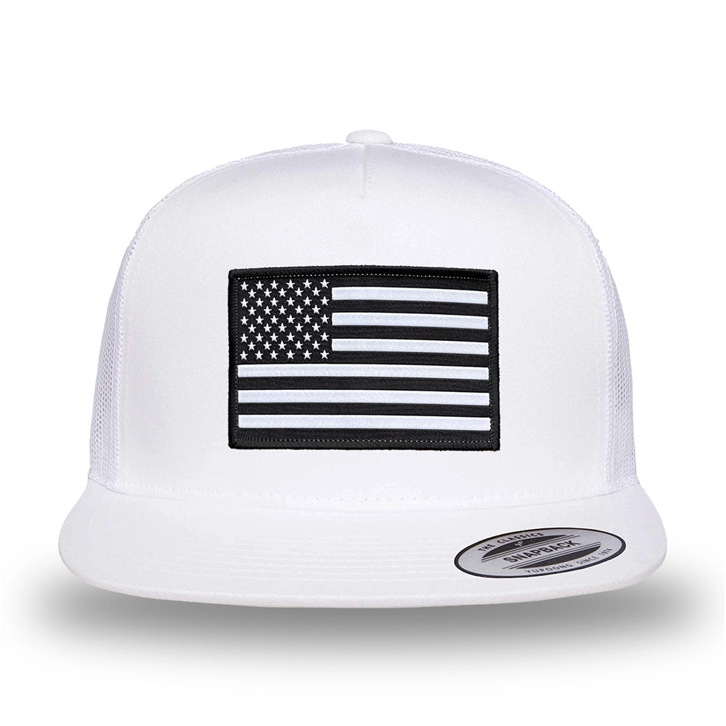 All white, high-profile, WeWorkin hat—snapback, 5-panel classic trucker, mesh sides/back style. WeWorkin "American Flag" rectangular patch is centered on the front panel.