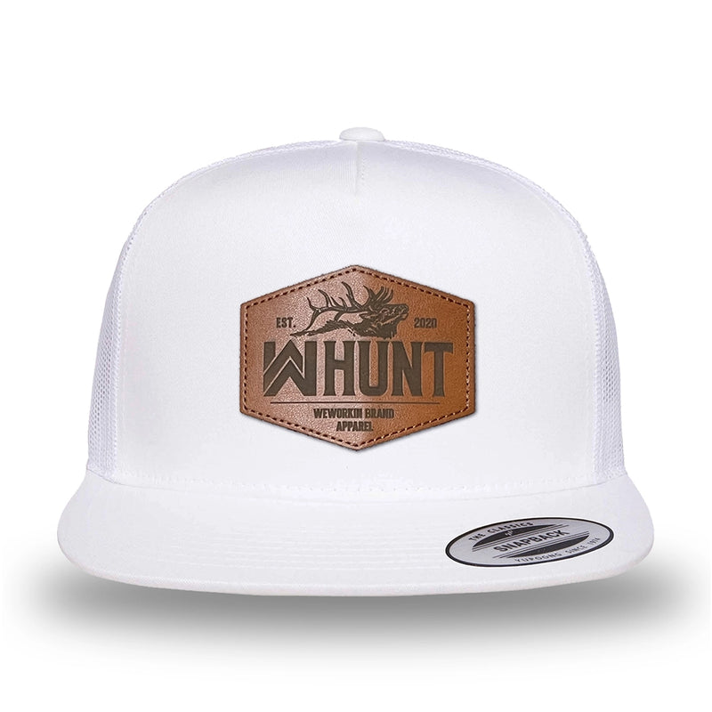 All white, high-profile, WeWorkin hat—snapback, 5-panel classic trucker, mesh sides/back style. WeWorkin "WW HUNT" etched leather patch with stitched border is centered on the front panel.