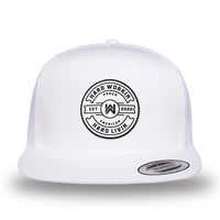 All white, high-profile, WeWorkin hat—snapback, 5-panel classic trucker, mesh sides/back style. WeWorkin "Hard Workin. Hard Livin. Proud American." circular silicone patch is centered on the front panel.