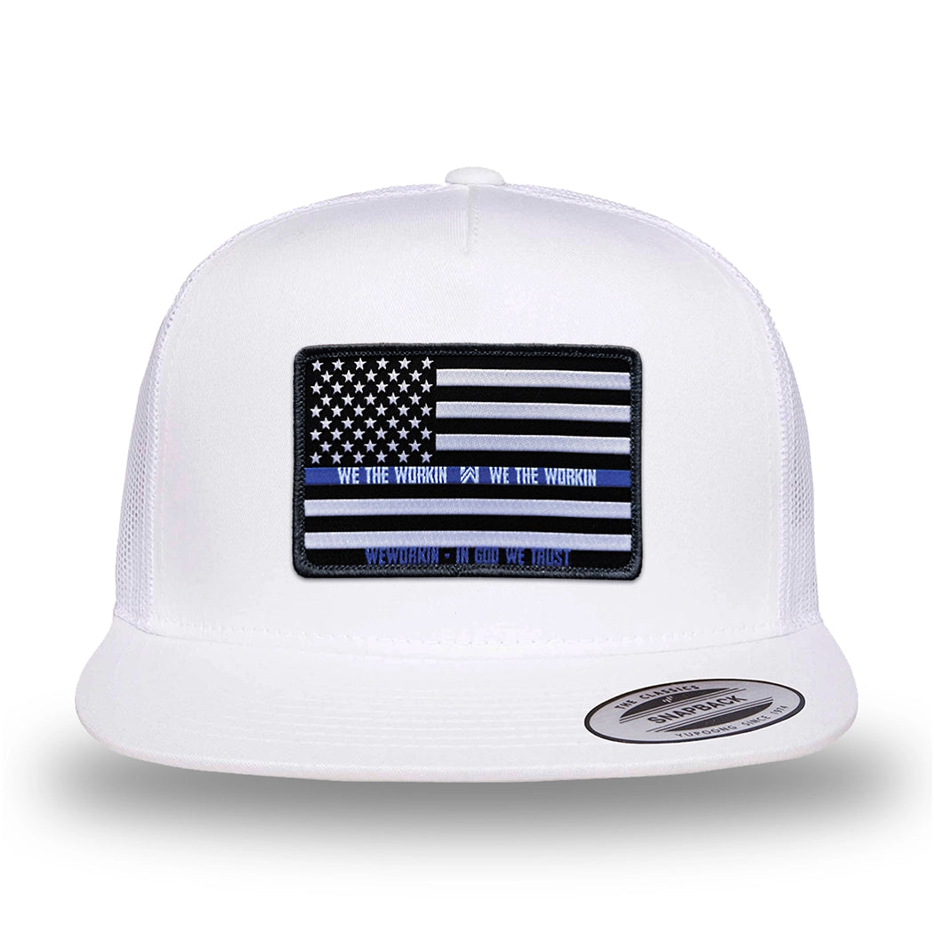 All white, high-profile, WeWorkin hat—snapback, 5-panel classic trucker, mesh sides/back style. We Workin LEO FLAG woven patch with black merrowed edge is centered on the front panel.