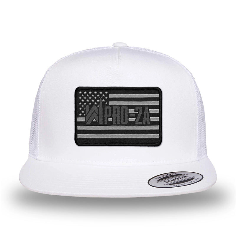 All white, high-profile, WeWorkin hat—snapback, 5-panel classic trucker, mesh sides/back style. PRO-2A woven patch with black merrowed edge is centered on the front panel.