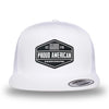 All white, high-profile, WeWorkin hat—snapback, 5-panel classic trucker, mesh sides/back style. WeWorkin "PROUD AMERICAN" silicone patch is centered on the front panel.