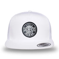 All white, high-profile, WeWorkin hat—snapback, 5-panel classic trucker, mesh sides/back style. WeWorkin "SACRIFICES MUST BE MADE" circular woven patch is centered on the front panel.