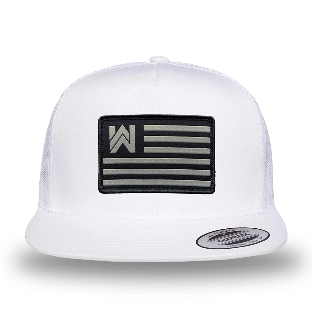 All white, high-profile, WeWorkin hat—snapback, 5-panel classic trucker, mesh sides/back style. We Workin Flag rectangular patch is centered on the front panel.