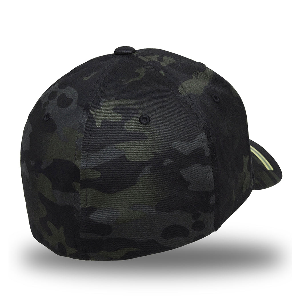 Back/right view of Flexfit hat. MultiCam® black pattern fabric. Sewn eyelets.