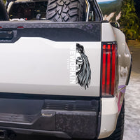 LARGE size WEWORKIN BRAND Black/White Women's Skull decal 11"H—Custom die-cut Direct Transfer window sticker, on tailgate of a whitetruck.