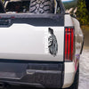 LARGE size WEWORKIN BRAND Black/White Women's Skull decal 11"H—Custom die-cut Direct Transfer window sticker, on tailgate of a whitetruck.