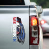 WEWORKIN BRAND red, white and blue Patriotic Women's Skull decal—Custom die-cut Direct Transfer window sticker, on rear tailgate of a truck.