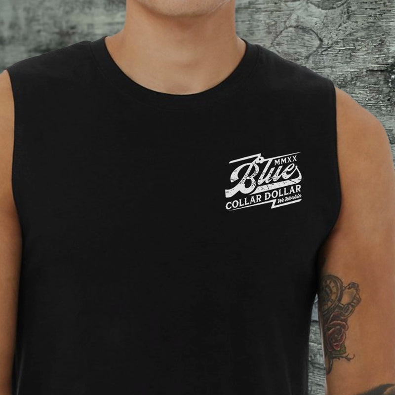 Man wearing a WW black muscle tank, shown from front. Blue Collar Dollar "Vintage" text graphic is printed small in the left chest "pocket" area, in white ink.