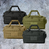 Drab Green, Charcoal Grey, Stealth Black and Desert Tan tactical range/gear bags pictured from front on a grunge concrete background. WEWORKIN BRAND logo embroidered in white and black threads on the top panel. 600D polyester canvas, Zippered D-shaped main compartment, Padded wrap on web carry handles, Daisy chains on sides, Front zippered pocket with daisy chain/loop panel for patches.