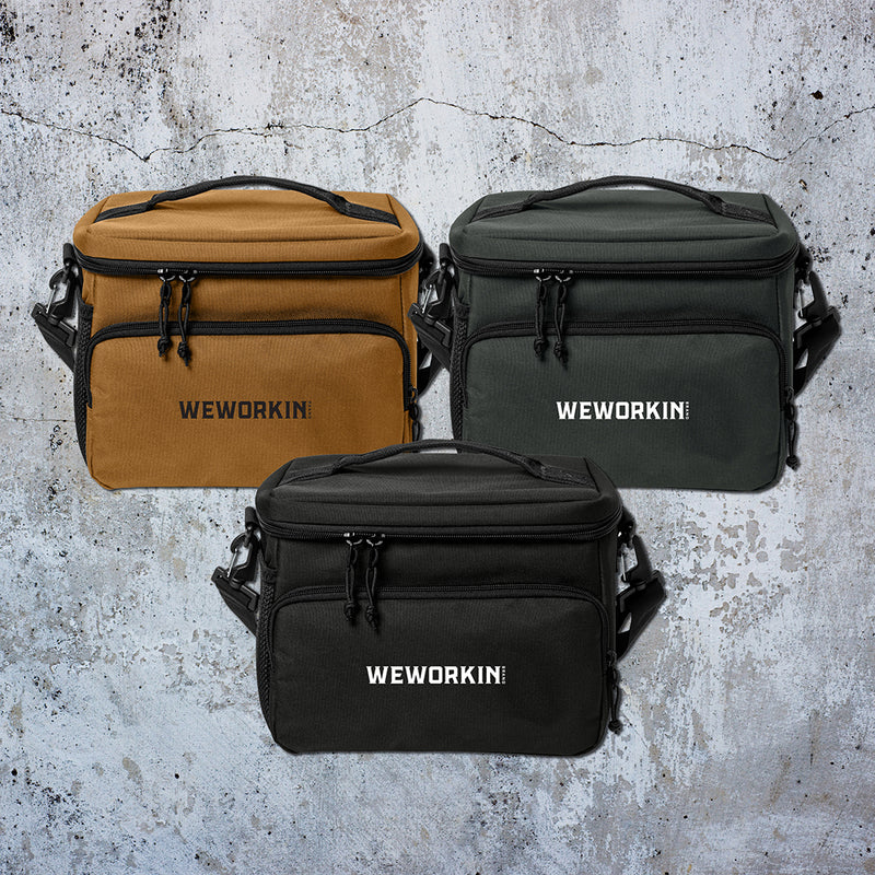 Saddle Brown, Charcoal Grey and Stealth Black insulated cooler bags pictured from front on a grunge concrete background. WEWORKIN BRAND logo embroidered in white and black threads on the front zippered pocket. 600D polyester canvas, Water-resistant PEVA lining (Heat-sealed), Web carry handle on top, Removable/adjustable shoulder strap, Mesh pocket on side.