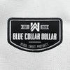 "BLUE COLLAR DOLLAR" text centered large on velcro-backed patch (both the hook and loop sides provided). [2] thread colors for the design (medium grey and white) on a black woven background, with black merrowed border. The WW logo and EST 2020 centered at top of patch and "BLOOD. SWEAT. PROFANITY." text circling the bottom of the patch. 3.5" wide Woven patch displayed on a grey canvas background.