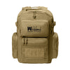 Desert Tan tactical backpack pictured from front on white background. WW Script logo embroidered in white thread on the top front pocket center. Two side zippered accessory pockets with daisy chain, Top front zippered pocket embroidered, Web carry handle, Lower front zippered pocket with daisy chain and loop panel for badges and patches.