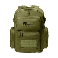 Drab Green tactical backpack pictured from front on white background. WW Script logo embroidered in white thread on the top front pocket center. Two side zippered accessory pockets with daisy chain, Top front zippered pocket embroidered, Web carry handle, Lower front zippered pocket with daisy chain and loop panel for badges and patches.