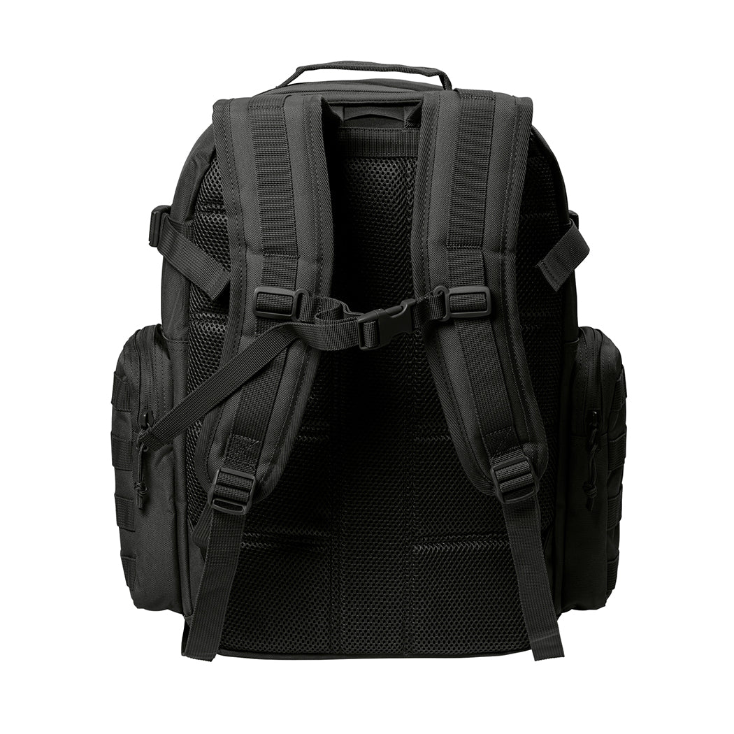 Stealth Black tactical backpack pictured from back on white background. Two side zippered accessory pockets with daisy chain, Padded air mesh back panel, Padded shoulder straps with daisy chain, Adjustable, QR buckle sternum strap.