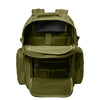 Drab Green tactical backpack with front zippered pockets opened, pictured from front on white background. Two side zippered accessory pockets with daisy chain, Web carry handle at top, Main zippered compartment open to show laptop storage area, Lower front zippered pocket shown open with inside organization pockets.