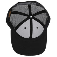 Retro Trucker Hat in all black, black undervisor with 8-row stitching, matching plastic snap-back closure.