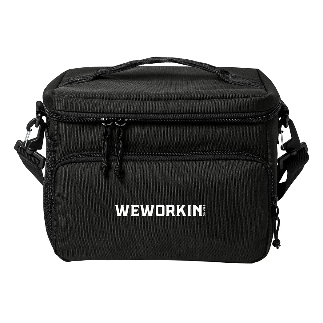 Stealth Black insulated cooler bag pictured from front on white background. WEWORKIN BRAND logo embroidered in white thread on the front zippered pocket. 600D polyester canvas, Water-resistant PEVA lining (Heat-sealed), Web carry handle on top, Removable/adjustable shoulder strap, Mesh pocket on side.