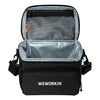 Stealth Black insulated cooler bag pictured open, from front on white background. WEWORKIN BRAND logo embroidered in white thread on the front zippered pocket. 600D polyester canvas, Water-resistant PEVA lining (Heat-sealed), Removable/adjustable shoulder strap, Mesh pocket on side.