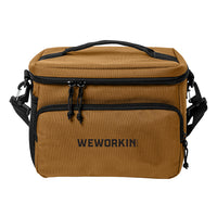 Saddle Brown insulated cooler bag pictured from front on white background. WEWORKIN BRAND logo embroidered in black thread on the front zippered pocket. 600D polyester canvas, Water-resistant PEVA lining (Heat-sealed), Web carry handle on top, Removable/adjustable shoulder strap, Mesh pocket on side.