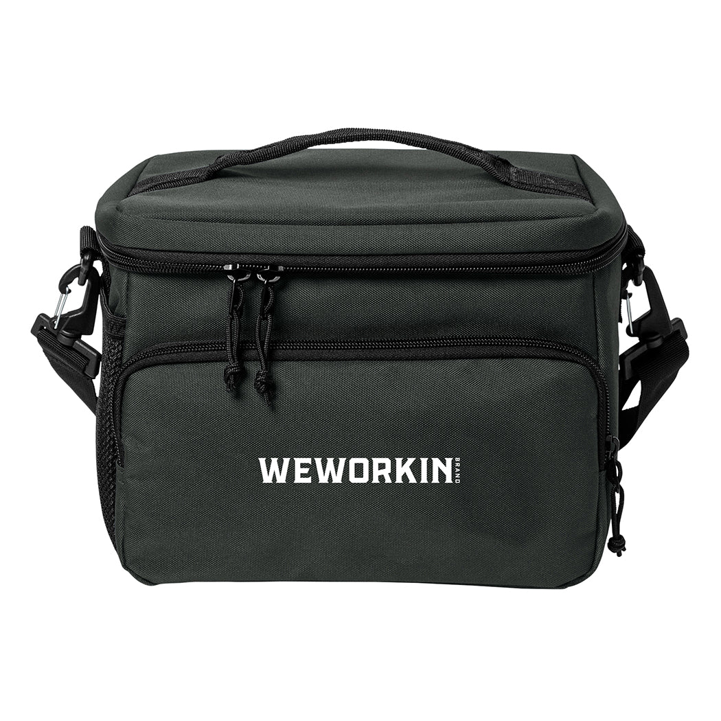 Charcoal Grey insulated cooler bag pictured from front on white background. WEWORKIN BRAND logo embroidered in white thread on the front zippered pocket. 600D polyester canvas, Water-resistant PEVA lining (Heat-sealed), Web carry handle on top, Removable/adjustable shoulder strap, Mesh pocket on side.
